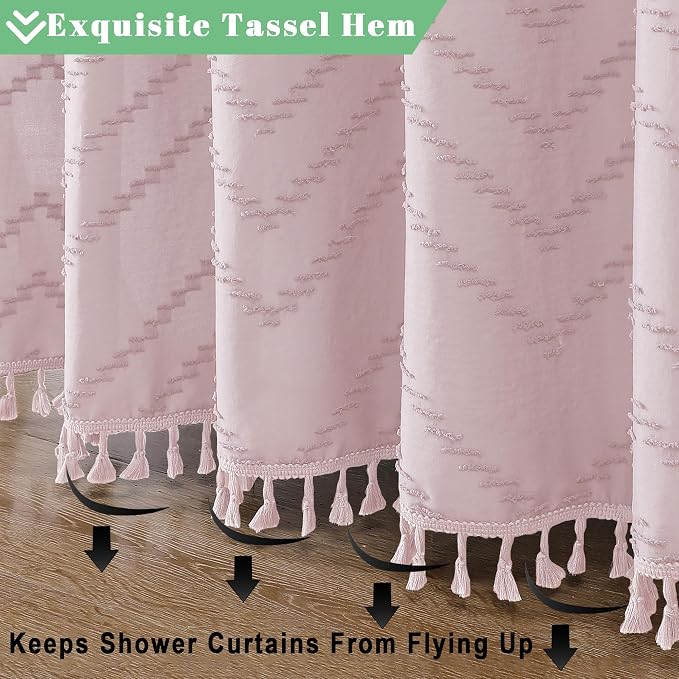 Boho Shower Curtain, Blush Pink Fabric Cloth Shower Curtains Farmhouse Tufted Chevron Striped Textured with Tassel for Bathroom, Soft Hotel Style Modern Minimalist, Machine Washable, 72x72