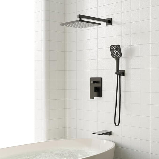 Gabrylly Shower System with Tub Spout, Wall Mounted Tub Shower Faucet Set for Bathroom with High Pressure 10" Rain Shower head and 3-Setting Handheld Shower Head Set,Matte Black