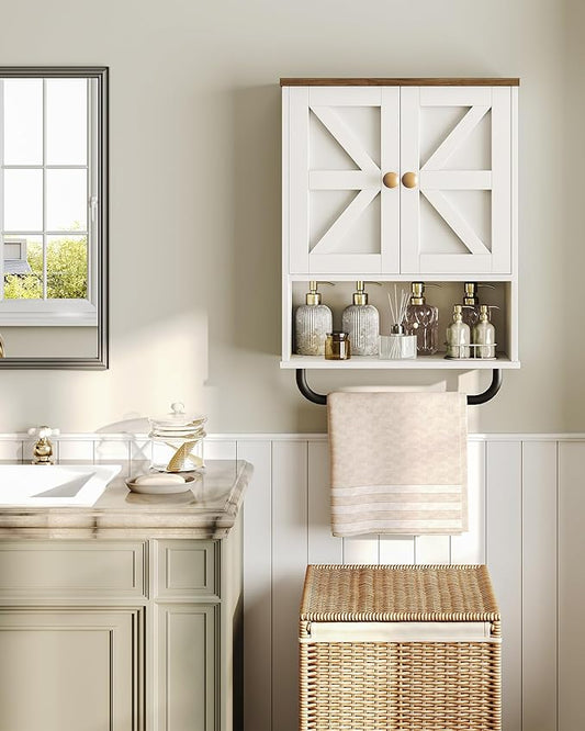 Bathroom Wall Cabinet, Medicine Cabinet with Open Partition and Towel Bar, Rustic Storage Cabinet with Open and Hidden Storage Space, for Bathroom, Living Room, Kitchen, White and Walnut