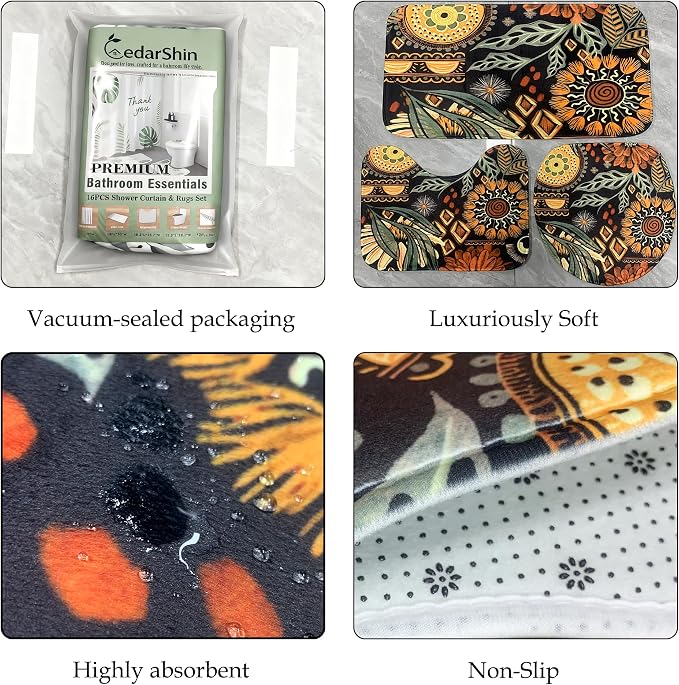 16 Pcs Shower Curtain Set with Rugs Boho and Metal Hooks Bath Mat 120gsm Heavy Weight Fabric Shower Curtains Bathroom Sets Decor Non-Slip Bathroom Rug and Bath Curtain Set 72 x 72 Inch,H-Boho