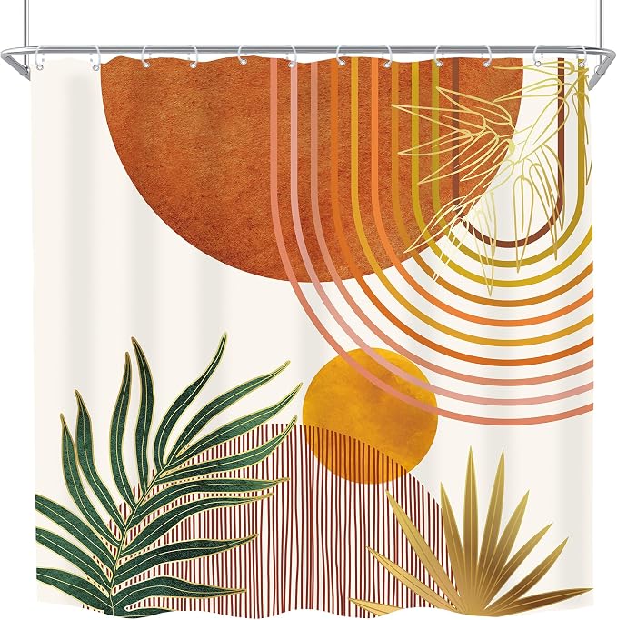 Mid Century Orange Boho Abstract Modern S Bathroom Shower Curtain Set | 72Wx72L Plant Botanical design, waterproof HD print with fast-drying fabric and 12 hooks.