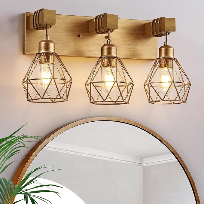 VbiTmn Bathroom Light Fixtures, 3 Light Brushed Gold Wood Vanity Lights | Farmhouse Design, Diamond Metal Shades, Easy to Install, Wall Sconces for Bathroom, Bedroom, Makeup Area, Over Vanity Mirror