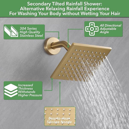 VANFOXLE Shower System Brushed Gold Shower Faucet Set, Push Button Diverter | 10 Inch Ceiling Mount Rain Head Increased Thick, 6 Inch Side Head, 2-in-1 Handheld Sprayer, Solid Brass Valve, Rust Resistant