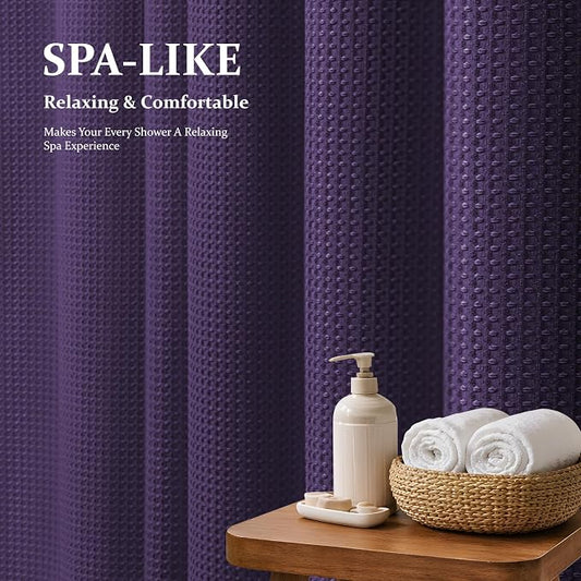Waffle Shower Curtain 256 GSM Heavy Duty Fabric 72"x72" Purple | Thick Textured Cloth, Weighted Hem, Water Repellent Washable, Hotel Luxury Polyester Shower Curtain Set for Bathroom 12 Hooks