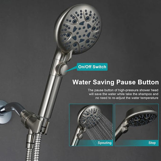 GwernKB Brushed Nickel Shower Heads Handheld with On Off Switch,8-Mode High Pressure Shower Wand with 79In Stainless Steel Hose&Bracket PLUS Low-Reach Adhesive Wall Mount Holder for Kids&Elderly