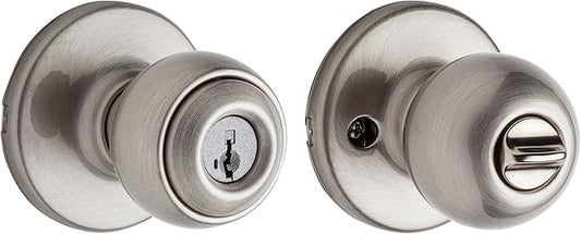 Kwikset Polo Entry Door Knob with Lock and Key, Secure Keyed Handle Exterior, Front Entrance and Bedroom, Satin Nickel, Pick Resistant SmartKey Rekey Security and Microban