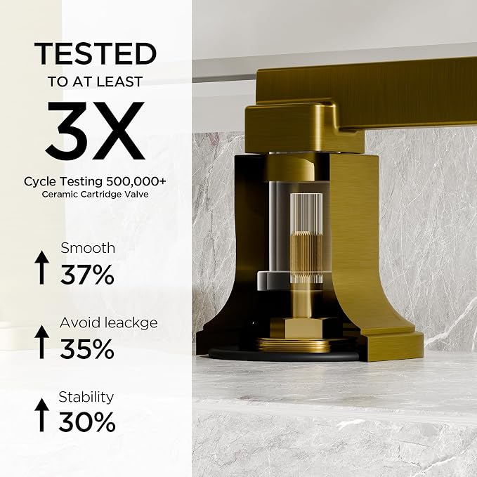 FORIOUS Brass Waterfall Brushed Gold Bathroom Faucets 3 Hole, Modern Widespread 8 Inch Bathroom Sink Faucet with Metal Pop-up Drain and Pre-Assembled Hose for Vanity, Restroom,Bathtub