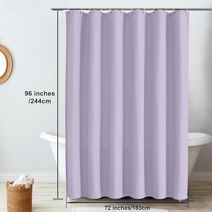 OVZME Extra Long Shower Curtain Set- 96 Inch Long Waffle Weave Heavy Duty Fabric Shower Curtains for Bathroom, Luxury Heavy Duty Thick Cloth Shower Curtain with 12 Plastic Hooks, 72Wx96L, Lavender