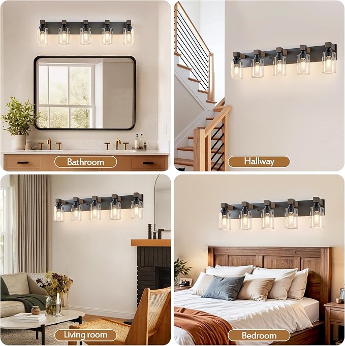 Farmhouse 5-Light Bathroom Vanity Light Fixtures, Black and Wood | 35.4″ Rustic Matte Black Metal Frame, Clear Glass Shades, Vintage Wall Sconces Lighting Over Mirror, for Bathroom Restroom