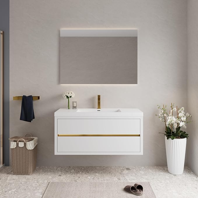 48" Floating Bathroom Vanity with Sink, Wall-Mounted Bathroom Storage Vanity Cabinet with Resin Top Basin and Soft Close Drawers, Fully Assembled, Glossy White