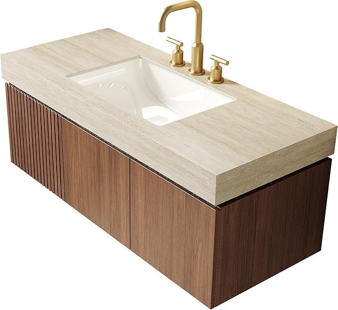 KEIKI 48 Inch Floating Bathroom Vanity with Sink, Modern Wall Mounted Storage Cabinet with Drawer, Pre-assembled Waterproof Wood Panels, Sintered Stone Top & Ceramic Basin Combo Set, Brown Oak & Beige