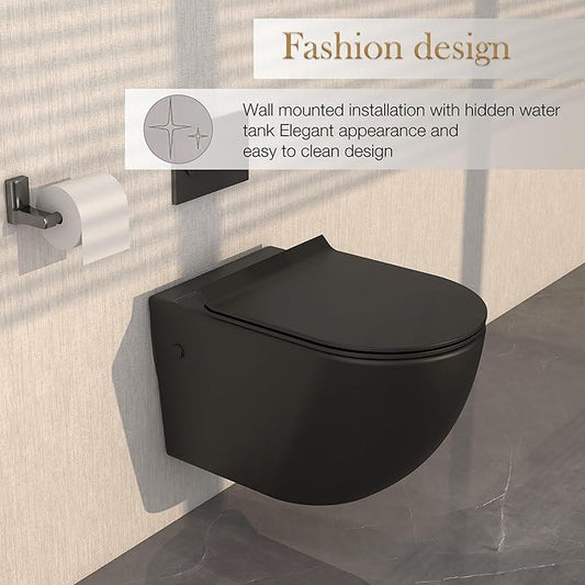 MEJE Wall Hung Toilet Bowl including Soft Close Seat,Dual Flush,Matte Black (Seat Included)