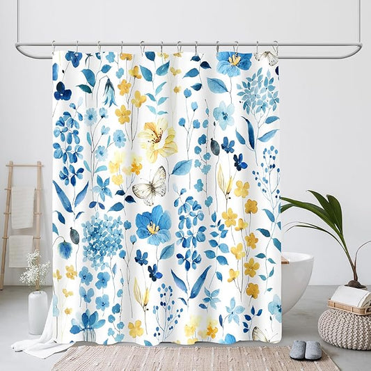 Small Stall Shower Curtain 36 x 72 Inch, Half Narrow Blue Yellow Floral Shower Curtains for Bathroom, Watercolor Flower Butterfly Fabric Shower Curtain Set with Hooks