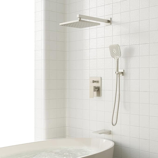 Gabrylly Shower System with Tub Spout, Wall Mounted Tub Shower Faucet Set for Bathroom with High Pressure 10" Rain Shower head and 3-Setting Handheld Shower Head Set,Brushed Nickel