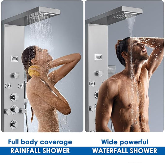ROVOGO Shower Panel Tower System with 6 Shower Modes, Simultaneous Function | Rainfall Waterfall Shower Head, 2-Type Body Jets, Handheld, Tub Spout, Battery Powered Temp Display, Stainless Steel, Brushed