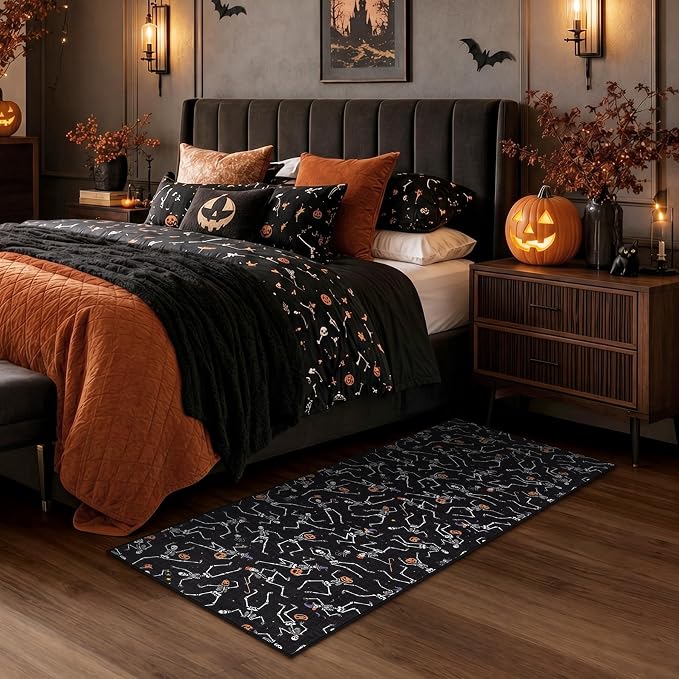 Tribesigns 2x6 Halloween Runner Rug Non Slip Washable Kitchen Runners for Hallways, Ultra Thin Gothic Skeleton Stain Resistant Floor Carpet for Beside Bathroom Laundry Room Decor, Black/2x6