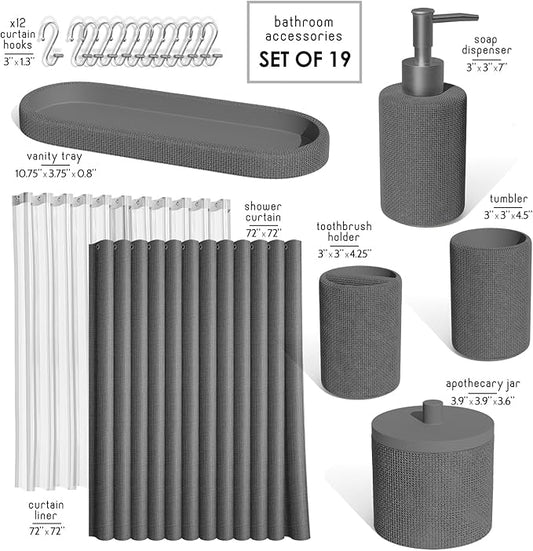 Clara Clark Bathroom Set - Grey Bathroom Accessories Set, 19PC Bathroom Accessory Set, Bathroom Sets with Shower Curtain Set, Soap Dispenser & Toothbrush Holder
