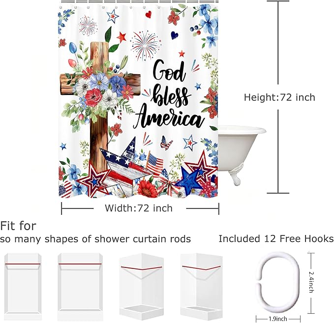 4th of July Shower Curtain Patriotic Red White and Blue Floral Star Shower Curtains Waterproof Bath Curtains with 12 Hooks for Memorial Day Independence Day Home Bathroom Decor, 72 x 72 Inches