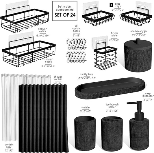 Clara Clark Bathroom Set - Black Bathroom Accessories Set, 24PC Bathroom Accessory Set, Bathroom Sets with Shower Curtain Set, Adhesive Corner Shower Caddy Hanging & Soap Dispenser