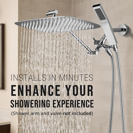 G-Promise All Metal 16" Rain Shower Head with Handheld for Bathroom Upgrade | All Metal, Built to Last, Easy Install, Adjustable Height & Angle for All Heights, Extra Long Hose, Modern Upgrade