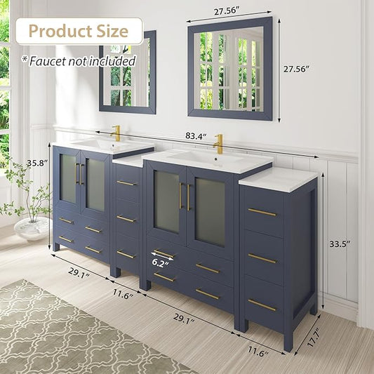 Vanity Art 84 Inch Under Mount Double Sink Bathroom Vanity Cabinet with 2 Mirrors, Ceramic Top Bathroom Cabinet Compact Set with 10 Dovetail Storage Drawers and Gold Finish Handles, VA3030-84B