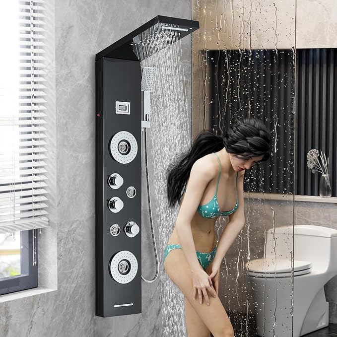 AlenArt Shower Panel Tower System Rainfall Waterfall Shower Head with Body Jets Stainless Steel Rain Massage System 5-Function High Pressure Shower Panel Tower System,HFT8029