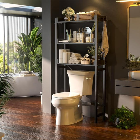 Over The Toilet Storage Rack - 3 Tier Bathroom Organizer with Shelves, Freestanding Space Saver Storage Rack Above Toilet Stand with 4 Hooks for Restroom, Laundry, Black