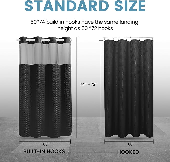 EUTXL Heavyweight No Hook Shower Curtain with Liner, Black, 60x74 | Snap in Liner, Thick Waffle Fabric, Hotel Quality, Corner Magnets, Waterproof & Washable