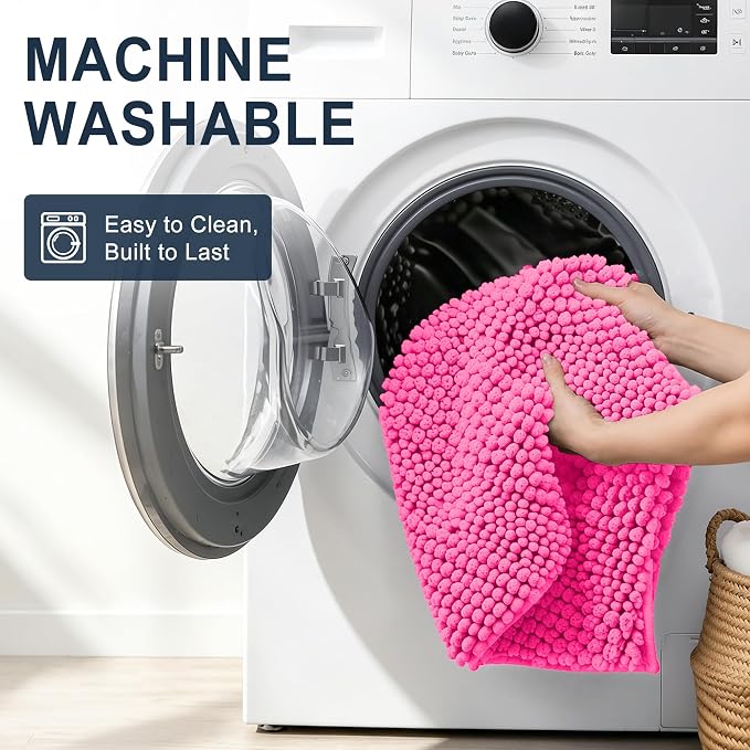 Smiry Thick Small Chenille Bathroom Rugs 24x16, Soft Bath Mat, Hot Pink | Quick‑Dry & Machine Washable, Non‑Slip Bath Carpet, Striped Bath Rugs for Tub & Shower, Modern Home Decor Accessories