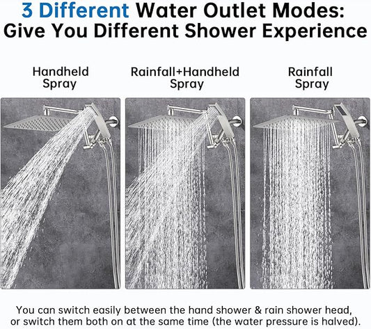 G-Promise All Metal 10 Inches Rainfall Shower Head with Handheld Combo | All Metal, Built to Last, Easy Install, Adjustable Height & Angle for All Heights, Extra Long Hose, Modern Upgrade