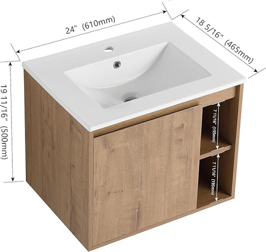 24 Inch Bathroom Vanity with White Sink Combo,Wall-Mounted Bathroom Vanity 1 Door&Right Side Shelf for Small Space, Modern Floating Bathroom Cabinet with Top Basin,Brown