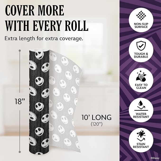 Disney Nightmare Before Christmas Non-Adhesive Shelf Liner, 18" x10' | Non-slip, water and stain resistant, repositions without damage, cuts to fit, wipes clean, ideal for kitchen, pantry, or bath