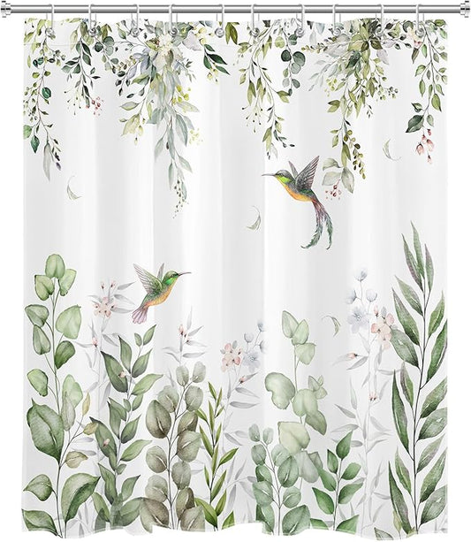 HVEST Sage Green Eucalyptus Shower Curtain for Bathroom, Spring Green Leaf and Pink Floral Hummingbird on White Shower Curtain with Hooks Nature Plant Bathroom Curtains Shower Set, 72L X 60W inches
