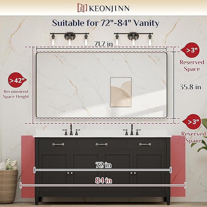 Keonjinn 72 x 36 Inch Brushed Gold Bathroom Vanity Mirror, Tempered Glass | Brass Bathroom Mirrors for over Sink, Anti-Rust Aluminum Frame, Rounded Rectangle, French Cleat Mount, Clear Reflection