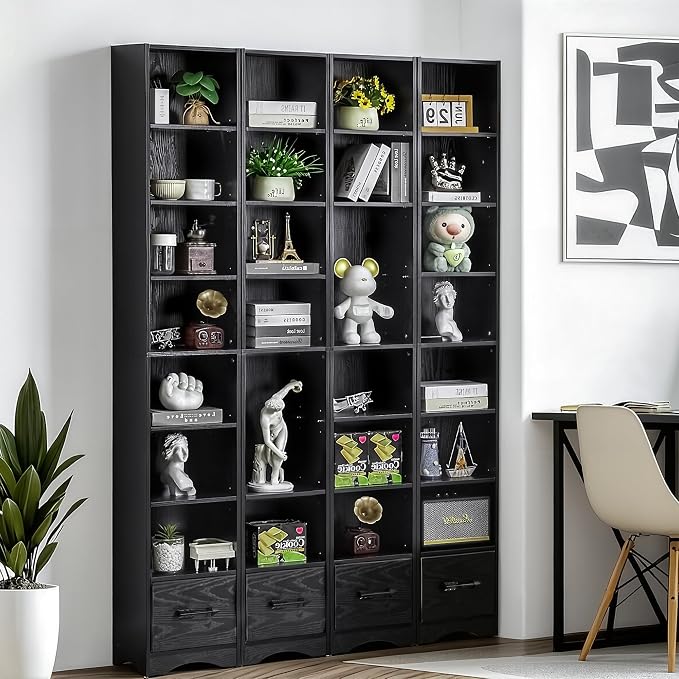 VECELO Tall Narrow Bookshelf with Drawer, 6 Adjustable Movable Shelves, Wood Space Saving Corner Storage Cabinet for Bathroom Bedroom, Sleek Black
