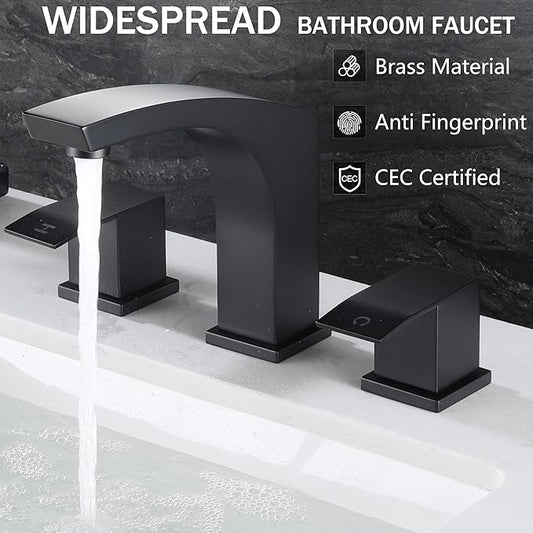 3 Hole Bathroom Faucet Matte Black, 2 Handle 8 inch Widespread Bathroom Sink Faucet with Pop Up Drain and cUPC Supply Hose, Black Bathroom Vanity Faucet 3 Hole WI37151BK