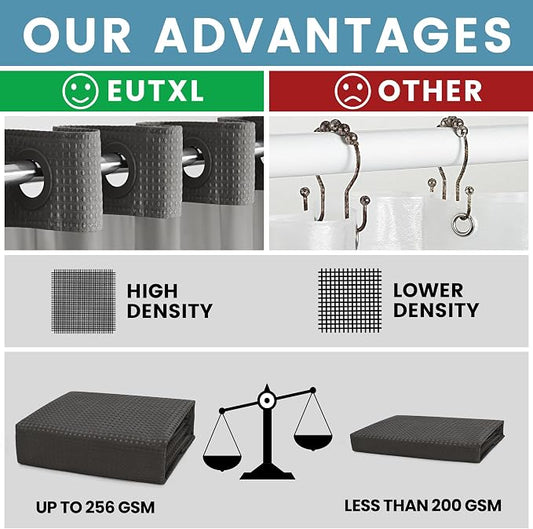 EUTXL Heavyweight No Hook Shower Curtain with Liner, Charcoal Grey, 54x80 | Snap in Liner, Thick Waffle Fabric, Hotel Quality, Corner Magnets, Waterproof & Washable