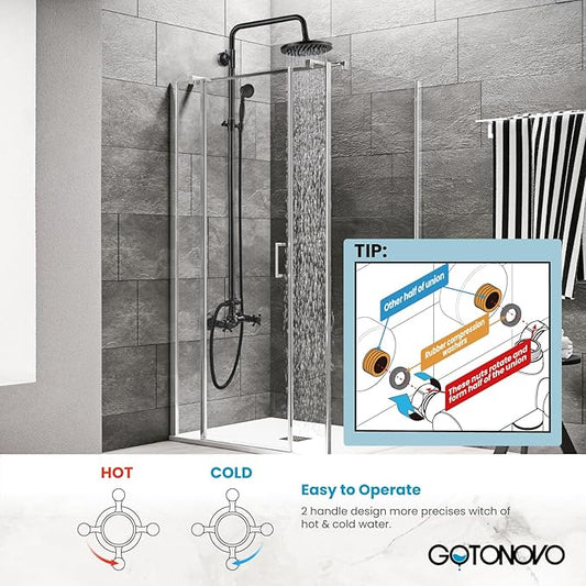 gotonovo Exposed Shower System 8’’ Head with Handheld Oil Rubbed Bronze | Brass Exposed Bathroom Shower Faucet Set Fixture,6’’ Hole Distance,2 Cross Handle,Adjustable Height,Wall Mount Indoor/Outdoor