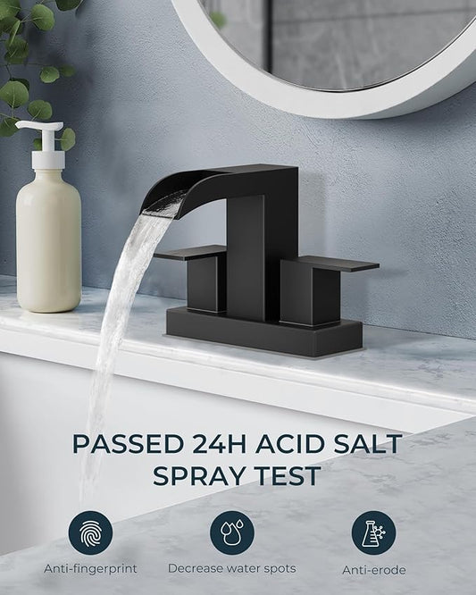 FORIOUS Square Black Bathroom Faucets for 2 Hole or 3 Hole, Waterfall 4 Inch Centerset Bathroom Sink Faucet with Metal Pop-up Drain and Supply Lines, Two Handles for Vanity, Laundry Room, Basin