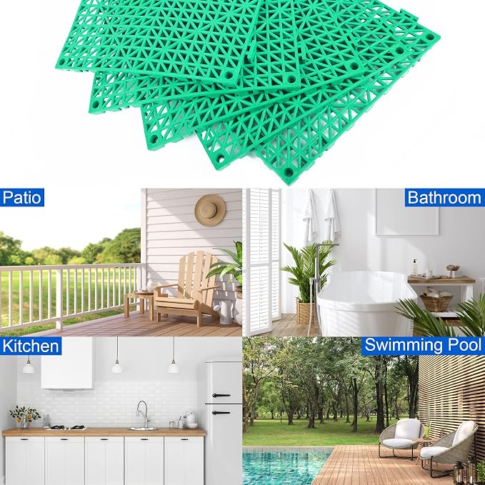 Modular Interlocking Cushion 12 Pack 11.8" x 11.8" Rubber Floor Tiles Non-Slip Splicing Drainage Mats for Deck, Pool, Outdoor Shower, Patio, Balcony, Indoor Bathroom, Kitchen, Yard (Green)