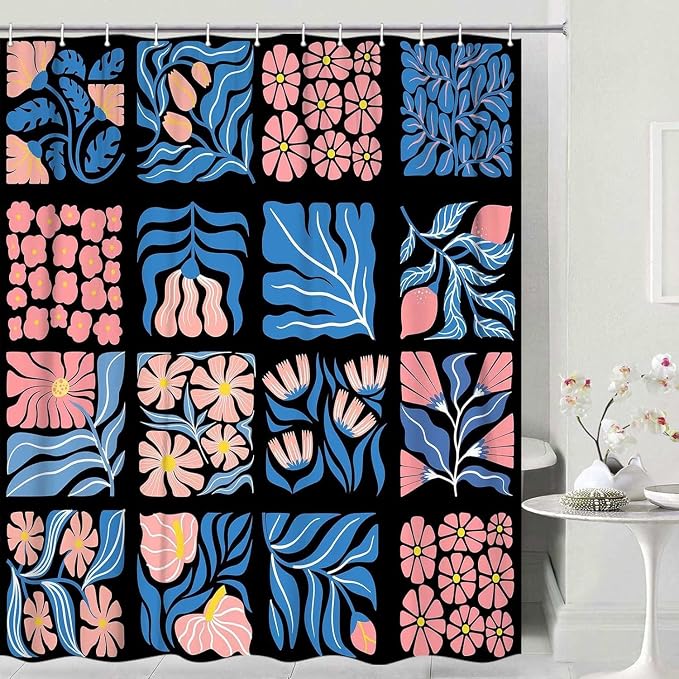JAWO Pink Turquoise Shower Curtain for Bathroom, Retro Boho Floral Bathroom Curtain Decor, Vintage Abstract Botanical Geometric Groovy Aesthetic Pattern Shower Curtain Sets with 12 Hooks,70X75IN