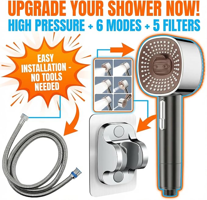 2026 High Pressure Handheld Shower Head with 6 Spray Modes - Detachable Showerhead with 5 Replaceable Filters for Hard Water | Includes 59" Anti-Burst Hose