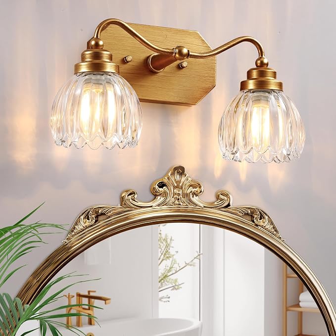 2 Light Gold Vintage Vanity Lights, Antique Brass Finish | Clear Tulip Crystal Shades,Brushed Gold Bathroom Light Fixtures,Wall Sconce Ideal for Bedroom, Hallway, Easy to Install