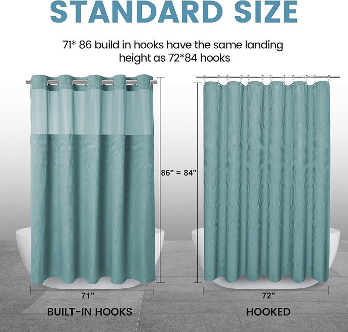 EUTXL Heavyweight No Hook Shower Curtain with Liner, Teal,71x86 | Snap in Liner, 256GSM Thick Waffle Fabric, Hotel Luxury Spa, Corner Magnets, Quick Dry, Waterproof & Washable, Extra Long