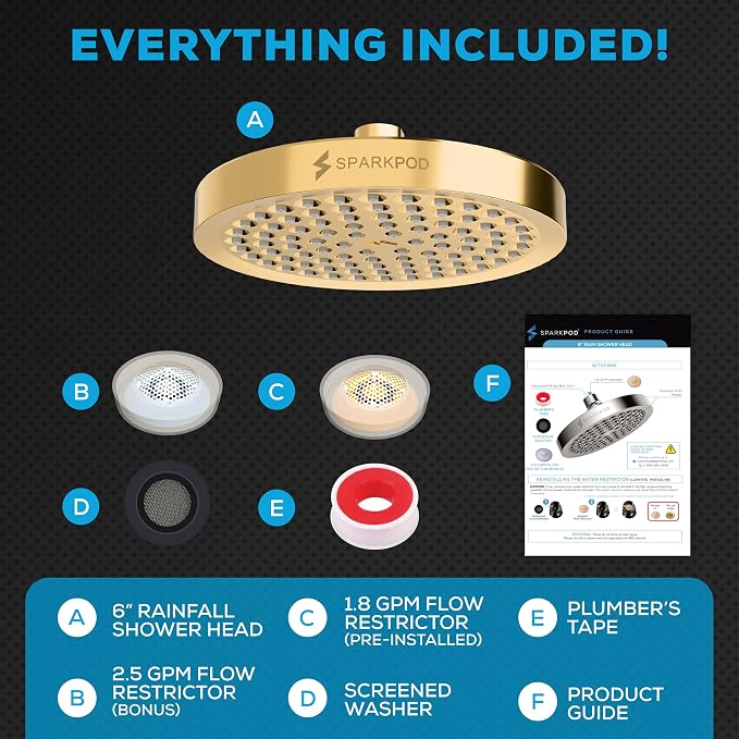 SparkPod Rain Shower Head, 6 Inch Round, Egyptian Gold Finish | High Pressure Shower Heads, 90 Nozzles, Adjustable Showerhead, No Tools Needed, Universal Connection