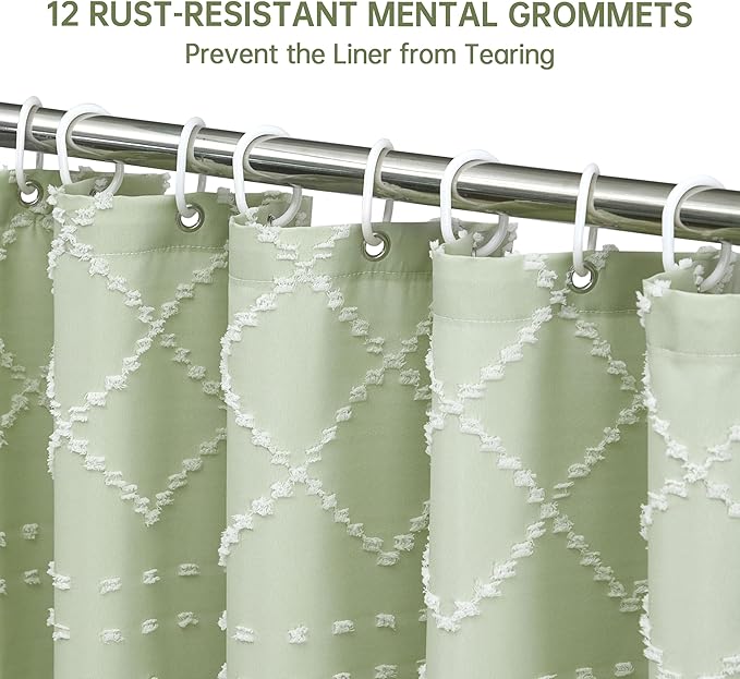 Extra Long Green Boho Shower Curtain - Woven Fabric Cute 84 Inch with Tassel, 72 x 84 Tufted Chevron Textured Striped Modern Farmhouse Minimalist for Bathroom