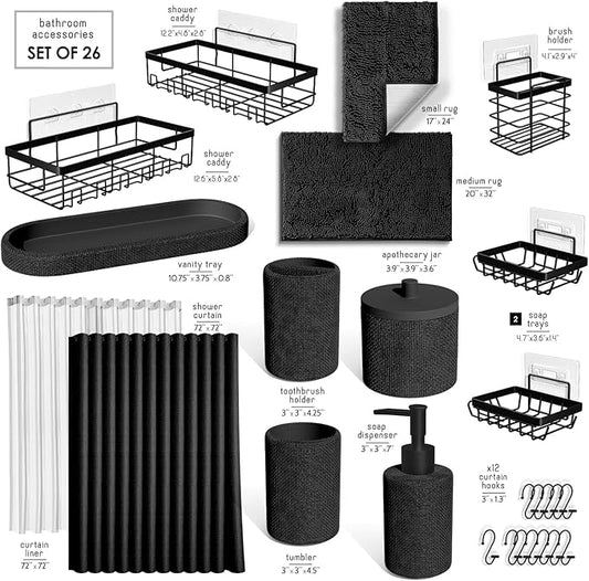 Clara Clark Black Bathroom Set - Bathroom Sets with Shower Curtain and Rugs, 26PC Bathroom Accessory Set, Shower Curtain Set with Adhesive Corner Shower Caddy Hanging & Soap Dispenser