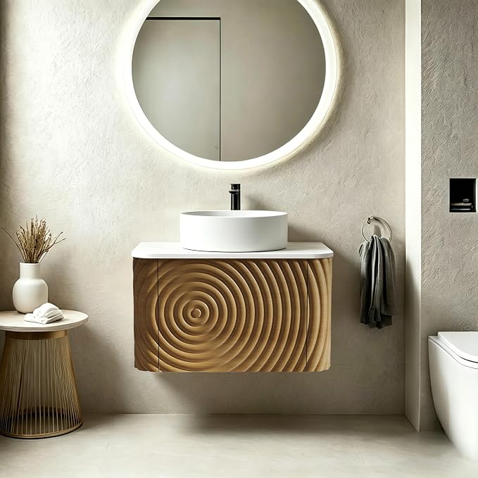 24" Floating Bathroom Vanity with Sink, Mid-Century Wall Mounted Bathroom Vanity Cabinet with Waved Decor, Ceramic Vessel Basin, Sintered Stone Top, Soft Close Storage Drawer, Natural