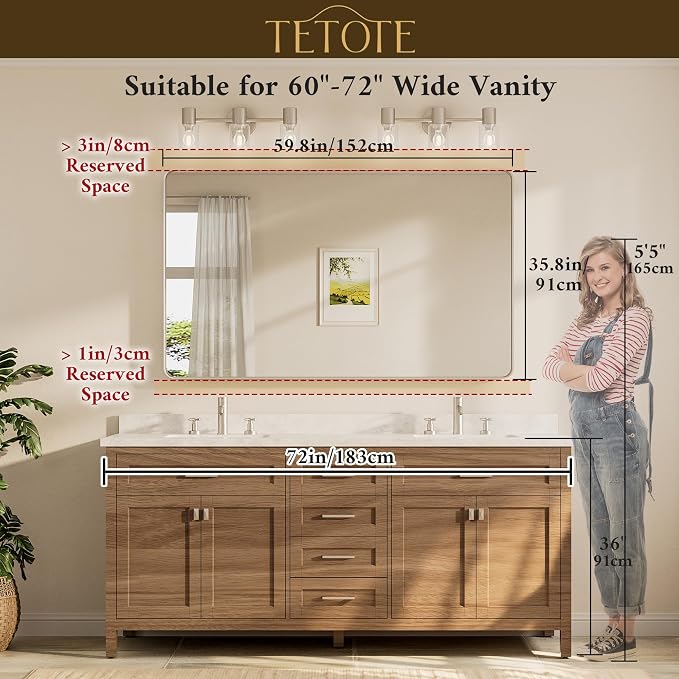 60 x 36 Inch Mirrors for Bathroom, Brushed Brass Gold Vanity Mirror, Large Rectangular Metal Frame Modern Wall Mirror for Living Room Shatterproof (Horizontal/Vertical)