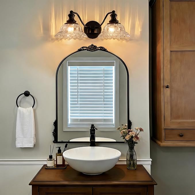 2 Lights Bathroom Vanity Light Fixtures, Vintage Black Vanity Lights for Bathroom, Farmhouse Antique Light Fixtures Over Mirror with Crystal Glass Shade